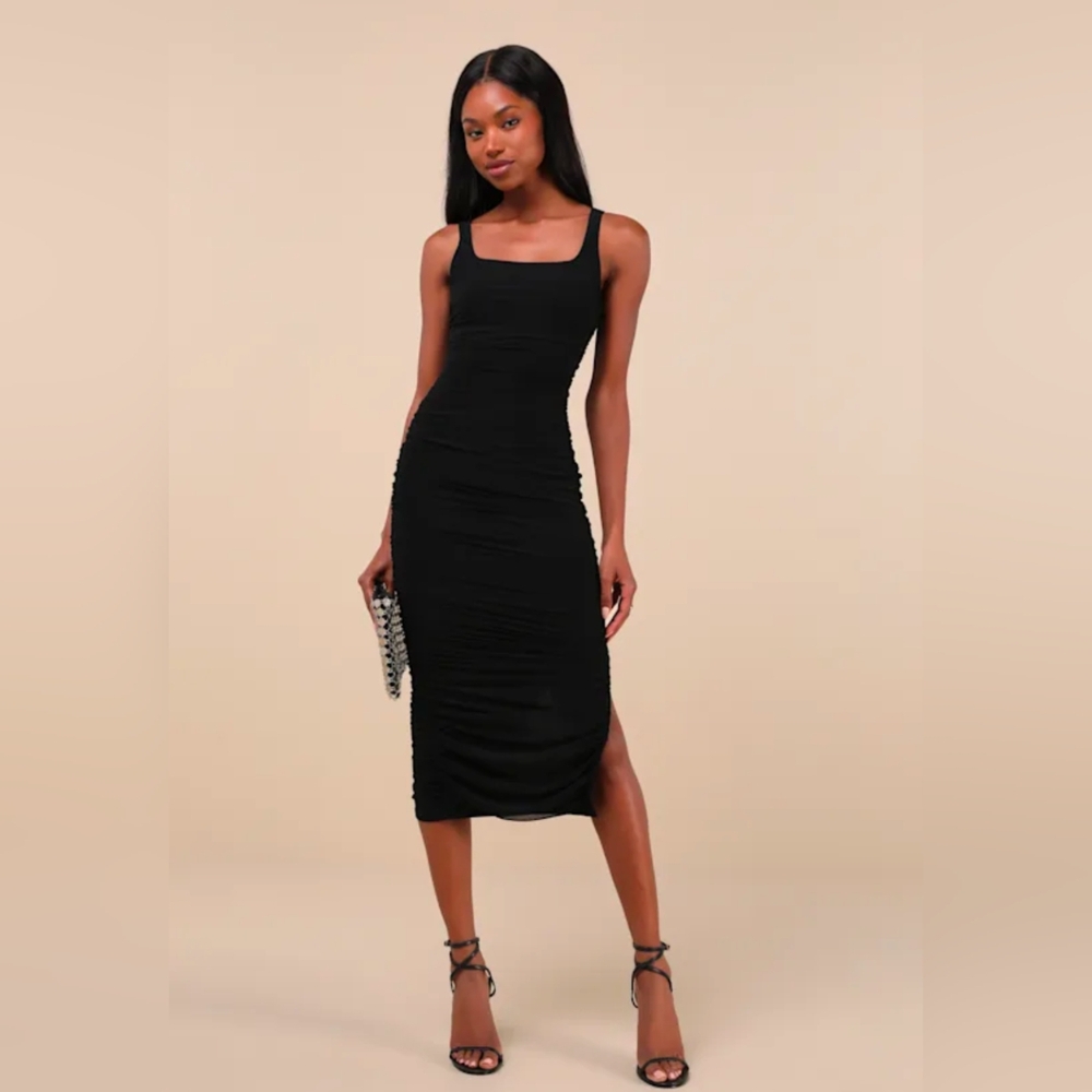 Lulus V.I.P. Treatment Black Mesh Ruched Bodycon Midi Dress